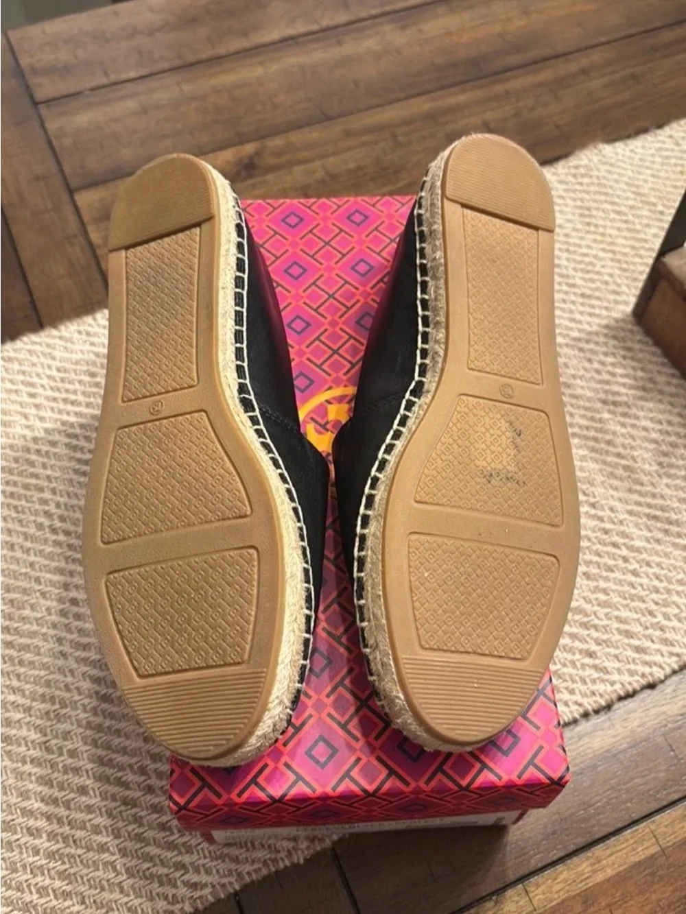 Tory Burch Black Leather Espadrille Slip-On Espadrilles.